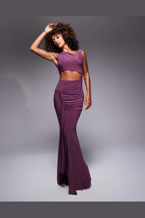 ASOS Asymmetric neckline maxi dress with cut out and twisted draping detail in mulberry