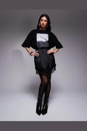 River Island Satin mini skirt with lace trim in