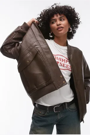 Topshop Faux leather super oversized bomber jacket with borg lining in