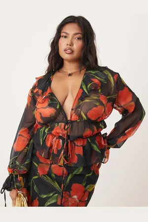 ASOS Curve long sleeve chiffon ruffle tie top co-ord in floral print