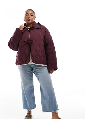 ASOS ASOS DESIGN Curve quilted frill collar jacket with tie front in burgundy