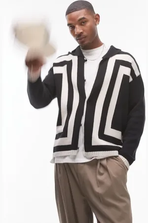Topman Knitted crochet vertical stripe button through long sleeve shirt in