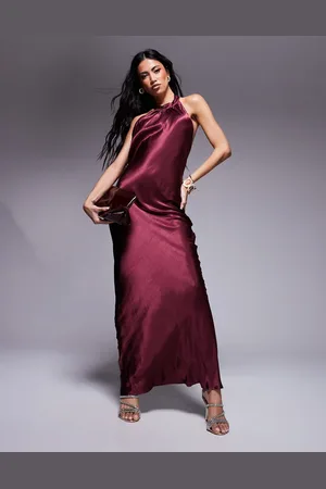 ASOS High neck tie halter satin maxi in burgundy