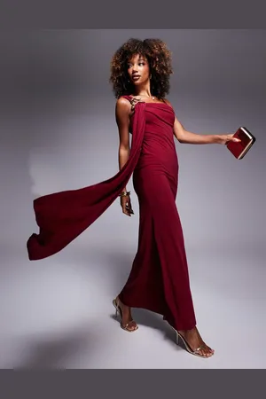 ASOS Stretch chiffon cowl neck maxi dress with oversized trim and sash detail in burgundy