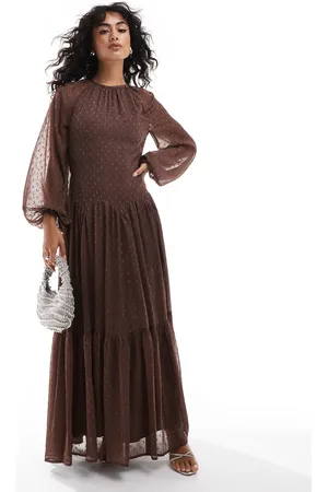 ASOS Burnout jacquard high neck scalloped godet maxi dress in chocolate