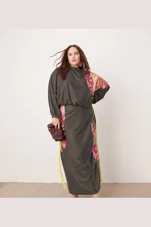 ASOS Curve velvet embroidered maxi dress with fringe detail in charcoal