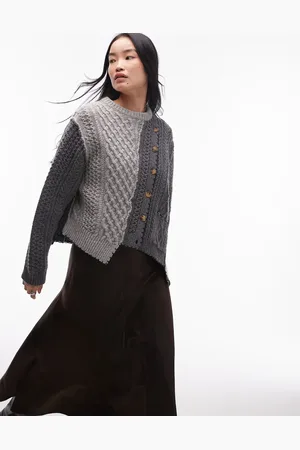 Topshop Knitted premium 100% wool asymmetric cable cardi in