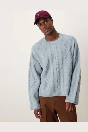 ASOS Oversized heavyweight wool mix cable knitted jumper with crew neck in light blue