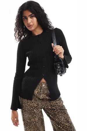 ASOS Knitted crew neck split front cardigan in black