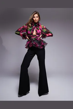ASOS Organza long sleeve exaggerated ruffle top in blurred floral