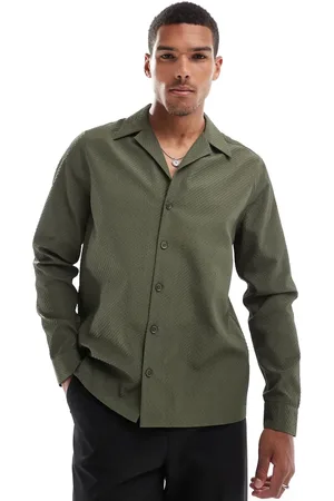 ASOS Relaxed textured shirt with revere collar in khaki