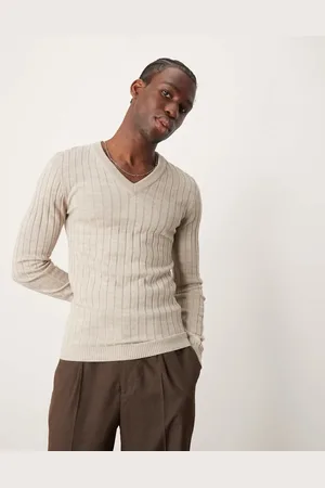 ASOS Muscle fit ribbed v neck knitted jumper in stone