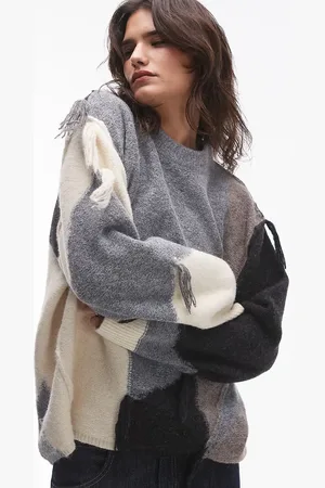 Topshop Knitted tassel patchwork oversized jumper in neutral