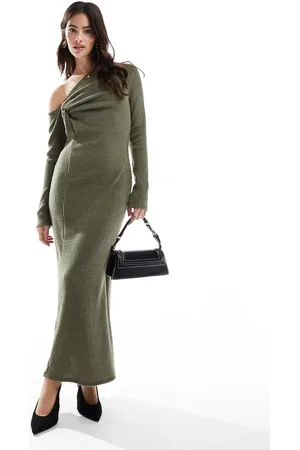 ASOS Supersoft ribbed twist knot detail midi dress in khaki