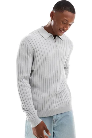 ASOS Essential muscle fit knitted rib quarter zip polo jumper in light