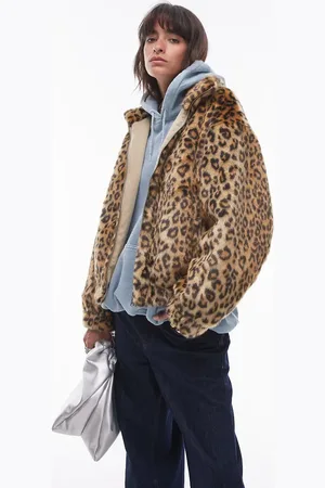 Topshop Faux fur leopard print zip through bomber jacket in