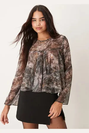 ASOS Long sleeve godet top in blurred abstract print