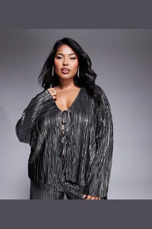 New Look New Look Curve metallic plisse long sleeve tie top in pewter