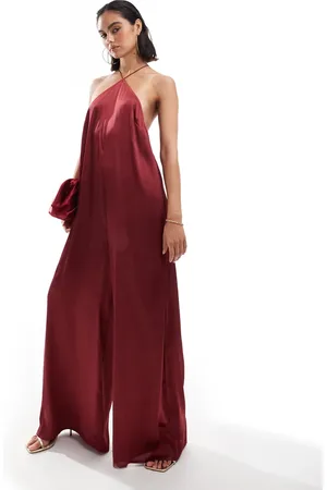 ASOS Halter neck satin jumpsuit in burgundy