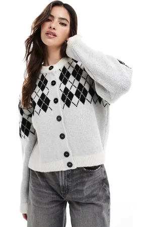 ASOS Knitted cardigan with argyle check in ecru