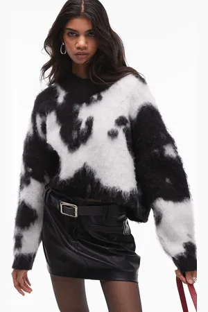 Topshop Knitted ultra fluffy high v-neck jumper in cow print