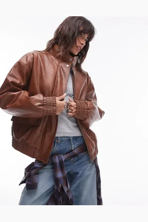 Topshop Faux leather oversized bomber jacket in tan