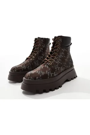 ASOS Lace up worker boots in monogram with chunky sole