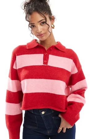 Bershka Textured knitted polo jumper in red and stripe
