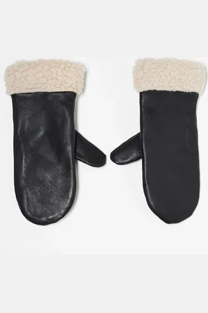 Pieces® Real leather mittens with borg trim in