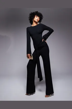 ASOS Long sleeve sash waist jumpsuit with open back in