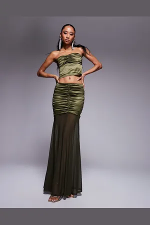 ASOS Co-ord stretch satin ruched maxi skirt with mesh hem in olive