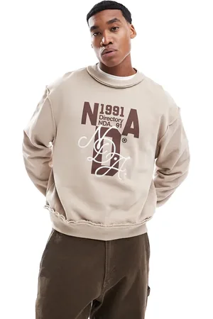 ASOS Oversized boxy sweatshirt with raw edges print and embroidery in beige