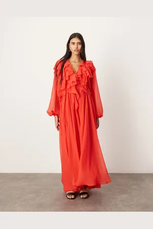ASOS Chiffon raw edge ruffle maxi dress with drawstring waist in
