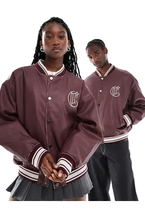 COLLUSION Unisex faux leather bomber jacket in burgundy