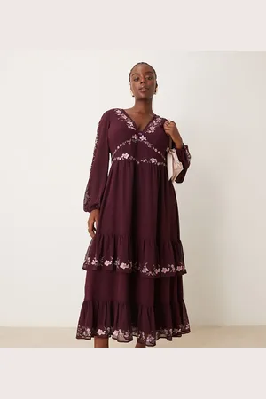 ASOS ASOS DESIGN Curve embroidered long sleeve plunge tiered maxi dress in burgundy