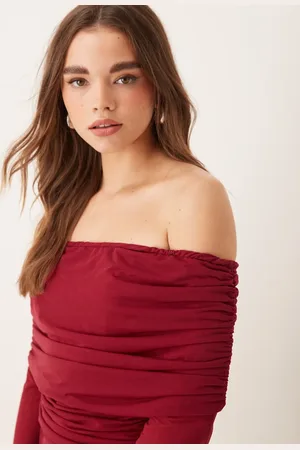 Never Fully Dressed Ruched mesh bardot top in burgundy