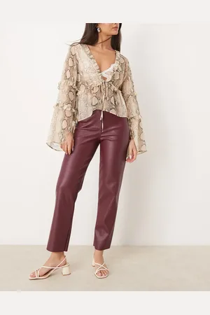New Look New Look PU straight leg trousers in burgundy