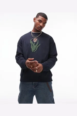 Topman Oversized fit sweatshirt with front and back tulip chenille embroidery in