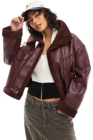 Bershka Shearling oversized jacket in burgundy