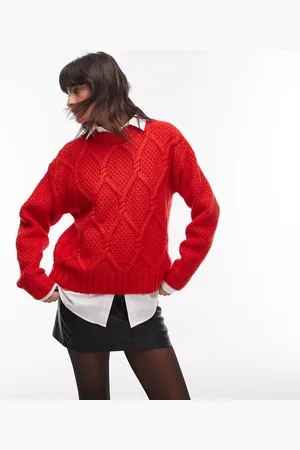 Topshop Knitted chunky twist cable crew neck oversized jumper in