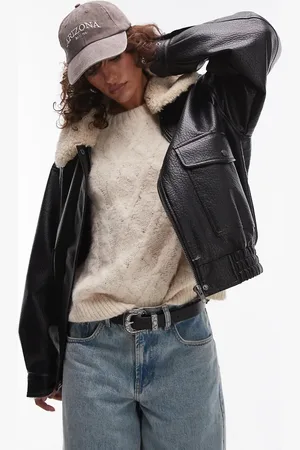 Topshop Bubble faux leather jacket with detachable borg collar in