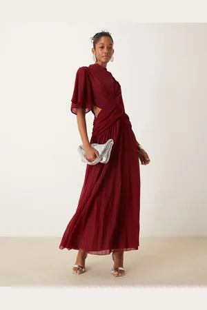 ASOS Cowl wrap front pleated midi dress with cut out in burgundy