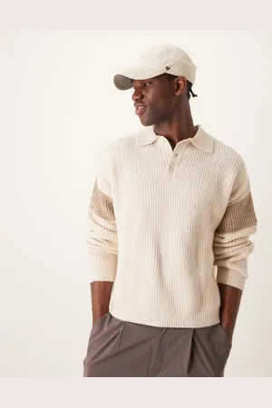 ASOS Relaxed boxy fit ribbed knitted polo jumper in ecru with stone sleeve panel