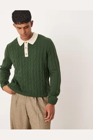 ASOS Relaxed cable knitted polo jumper in dark