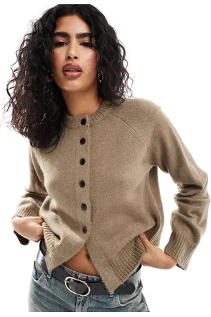 ASOS Knitted crew neck cardigan with contrast buttons and split hem in mocha