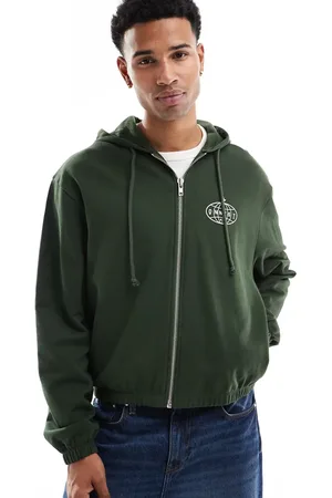 ASOS Boxy oversized zip through hoodie with chest print in