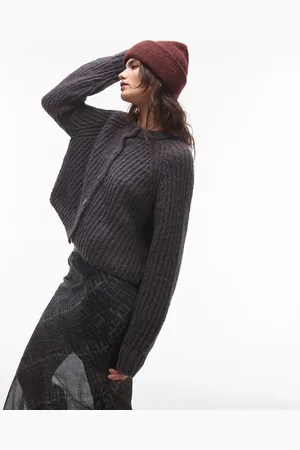 Topshop Knitted chunky crew neck cardigan in charcoal