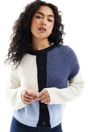 ASOS Knitted crew neck cardigan in colourblock in blue