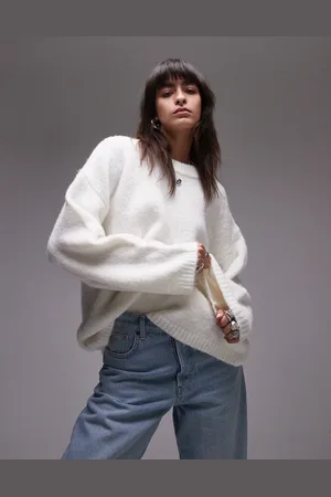 Topshop Knitted boxy fluffy crew oversized jumper in ivory