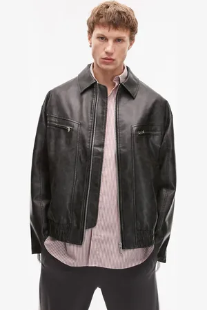 Topman Faux leather bomber jacket with wash effect in